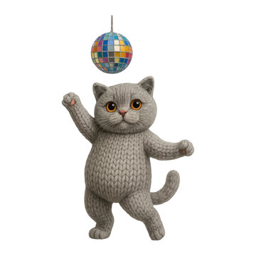 PNG Knitted cat dancing under disco ball.