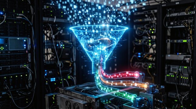 Digital Data Filtering Process Through a Futuristic Funnel in a Server Room