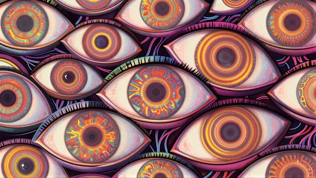 Vibrant, psychedelic eyes in warm hues dominate a hypnotic, repeating pattern.