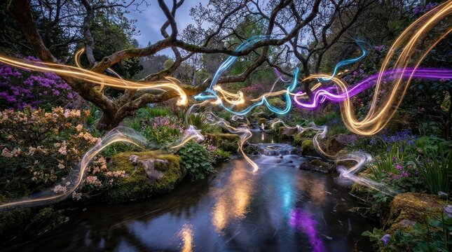 Magical neon light trails over a dark forest river.