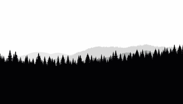Forest trees set. tree silhouettes for winter forest landscape design, Mountain landscape. Mountains and coniferous forest. Christmas tree, fir-tree, pine, pine-tree
