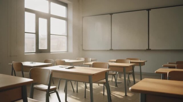 Empty modern classroom with sunlight through windows