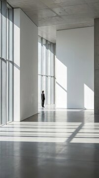 Minimalist concrete hallway with person silhouette and shadows.