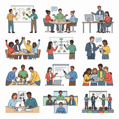 Fototapeta premium Illustrated diverse team collaboration and meeting scenes.