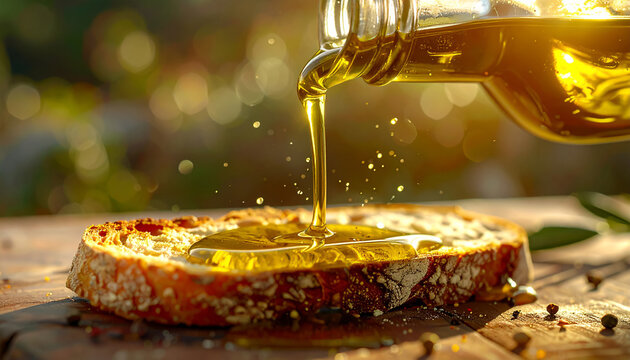 Aceite de oliva virgen extra cayendo sobre pan r&uacute;stico