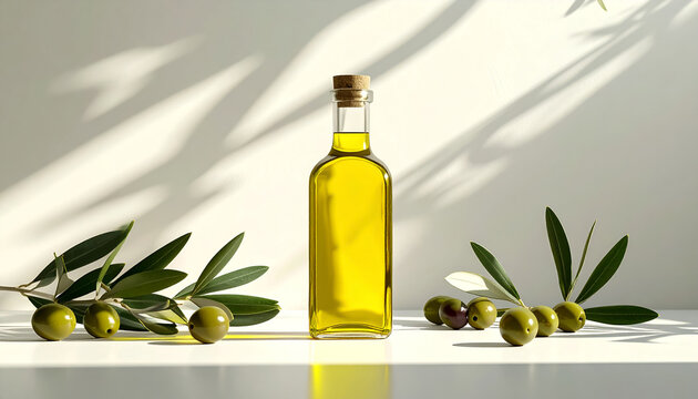 Botella de aceite de oliva con aceitunas frescas y hojas