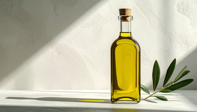 Aceite de oliva virgen extra en botella de vidrio elegante