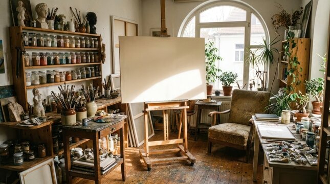 Bright artist studio with wooden easel and paints.