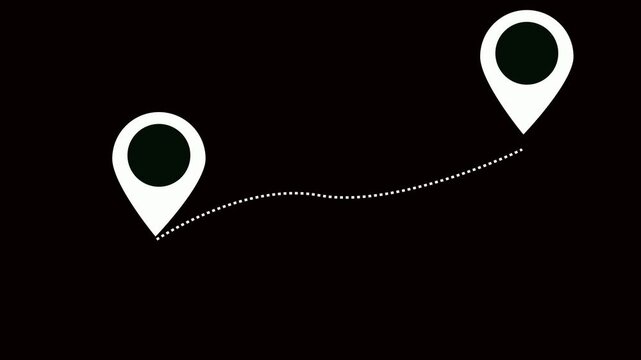 Animated destination, path, and route icon showing map, location pin, and dotted travel line for navigation, journey, and direction. Black background.