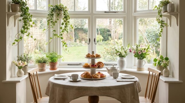 Bright dining area overlooking lush green backyard garden view.
