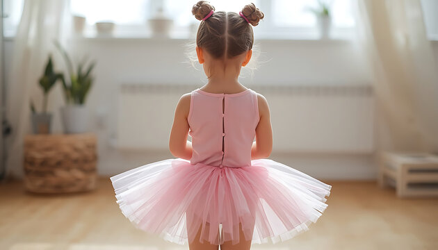 Back View of Little Girl Wearing a Pink Ballet Tutu Indoors.