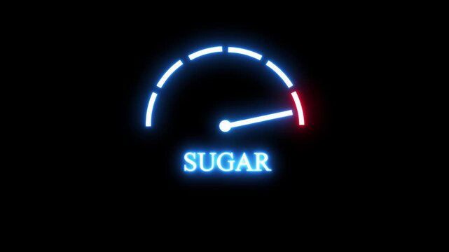 Sugar at high levels, displayed on a barometer or tachometer, illustrating excess sugar intake, potential impact on health, and the need for balanced dietary regulation and moderation4k animation vide