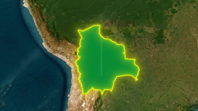 Bolivia Map Zoom Animation with Glowing Border, Country Text Label, and Waving Flag Pin