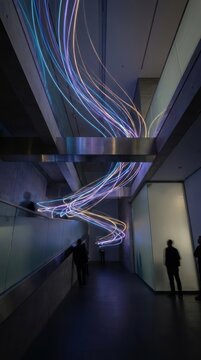 Modern architecture interior with colorful fiber optic light installation.
