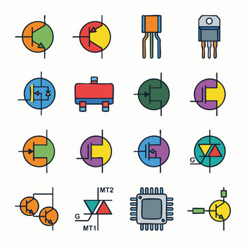 Colorful Electronic Components and Circuit Symbols Illustration.
