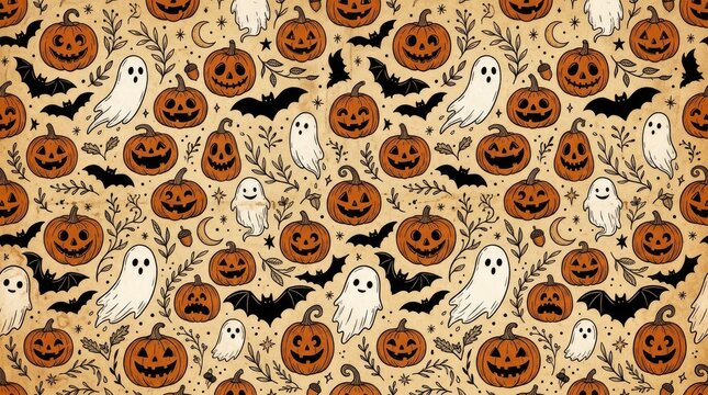 Halloween pattern featuring festive orange jackolantern pumpkins and spooky white ghosts on aged beige paper background