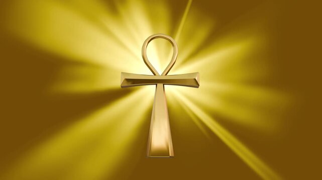 A polished golden 3D Ankh symbol emitting radiant volumetric light rays against a warm golden backdrop, symbolizing eternal life and spiritual divinity.