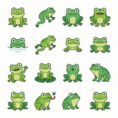 Fototapeta premium Cartoon Frogs in Various Playful Poses.