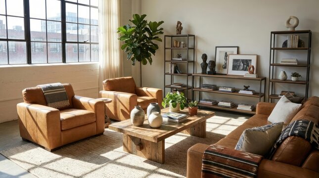 Modern living room with leather armchairs and shelves.