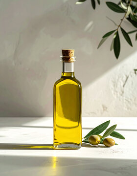 Aceite de oliva virgen extra en botella de vidrio elegante