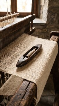Close-up of traditional wooden loom with natural fiber cloth and weaving shuttle in a rustic workshop