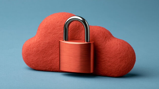 Conceptual representation of cloud security featuring a red felt cloud shape with a silver