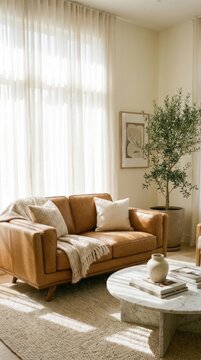 Modern sunlit living room with leather sofa and marble table.