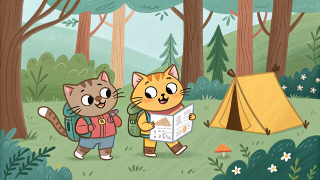 Cute cartoon cats camping in a forest with backpacks, map, and tent
