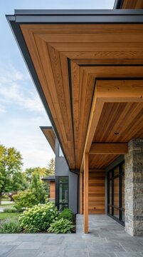 Exterior home entrance featuring wood soffit ceiling and stone pillar design for luxury residential landscape outdoors.