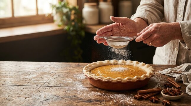 Experienced baker sprinkling white sugar over a golden pumpkin pie using a small metal sieve tool