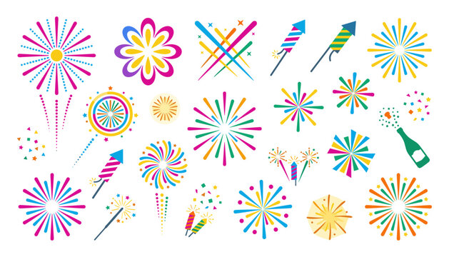 Flat Colorful Firework and Celebration Icon Set with Sparkling Rockets, Popping Champagne Bottle, and Confetti Explosions for Festive Holiday Party Designs (22 words)