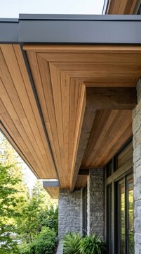 Modern architectural roof soffit with natural cedar wood paneling and stone wall detail for exterior home facade design.