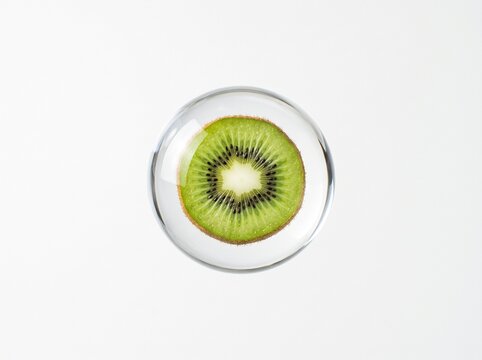 Kiwi fruit slice magnified inside a clear glass sphere showing texture details