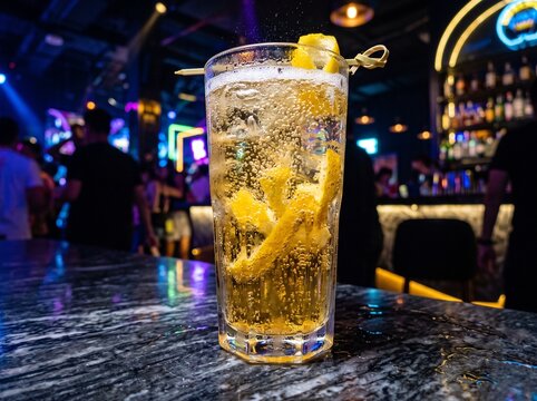 Refreshing highball cocktail with lemon peel garnish on a dark bar counter