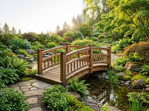 Wooden garden bridge over small pond with lush green foliage and stone path in peaceful residential landscaping project.