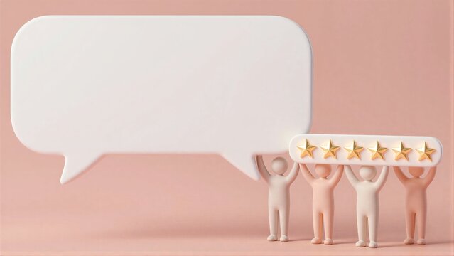 Five figures hold five stars beside a blank speech bubble, symbolizing positive feedback.