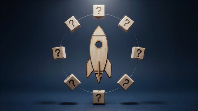 Wooden rocket launches amidst floating question cubes, symbolizing startup challenges and unknowns.