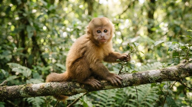Golden snub-nosed monkey resting on tree branch in lush green forest habitat