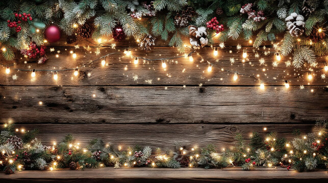 Christmas holiday background with evergreen garlands string lights and rustic wood planks
