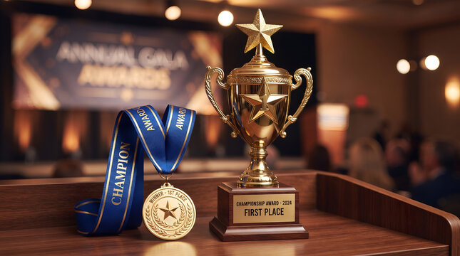 Golden trophy cup and blue ribbon medal resting on wooden podium table with championship achievement competition celebration ceremony victory