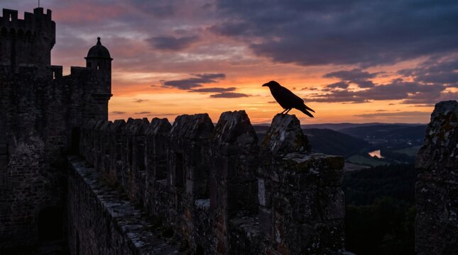 Silhouette of a raven perched on a stone battlement of an ancient castle at sunset with a dramatic sky and rolling hills below