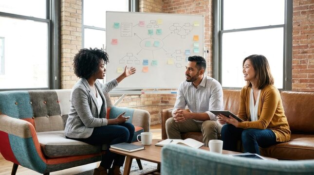 Business colleagues discussing project in comfortable office lounge.
