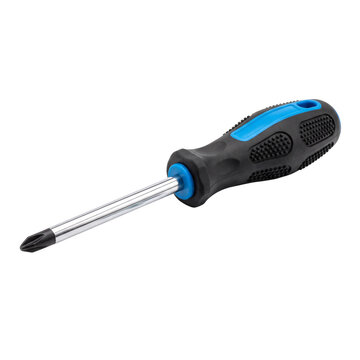 Isolated Phillips Head Screwdriver with Blue and Black Handle on White Background