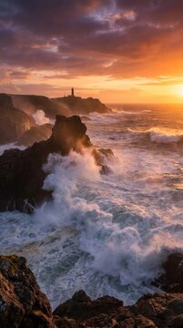 Powerful ocean waves crashing against dark rocky cliffs.