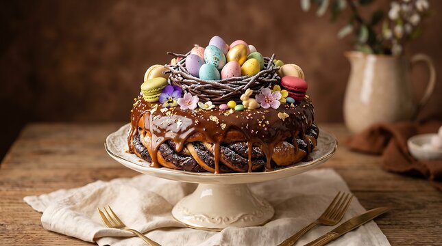 Easter cake with colorful eggs and spring flowers on rustic table.