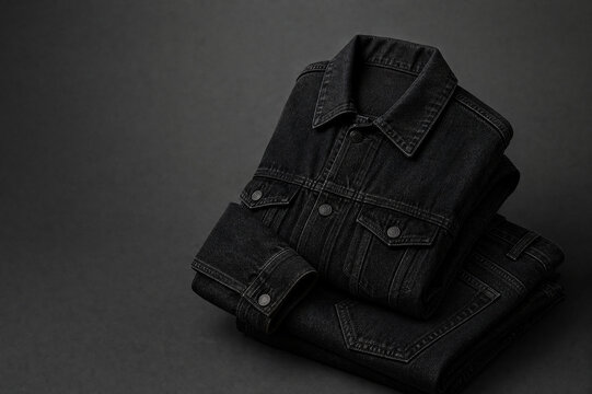 Black background with a denim jacket and jeans set folded in the right corner of the image.