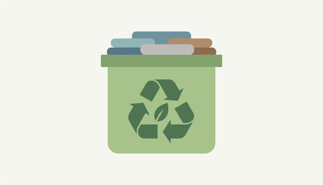Green clothing recycling bin with a universal recycle symbol filled with various neatly folded fabric garments.