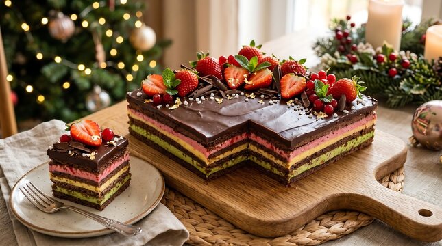 Festive Layered Chocolate Cake with Fresh Strawberries.