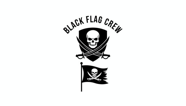 Pirate crest logo featuring the text black flag crew with a skull and crossed cutlasses over a shield and a small flag below.