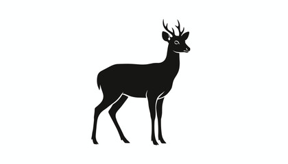 Fototapeta premium Silhouette of a wild male deer with antlers is shown in black color isolated on a clean white background.